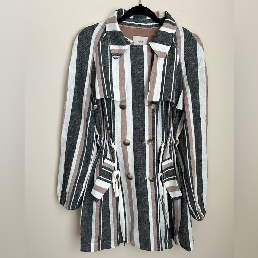 Ann Tylor Loft Striped Linen Cotton Double Breasted Trench Rain Coat Jacket Sz M